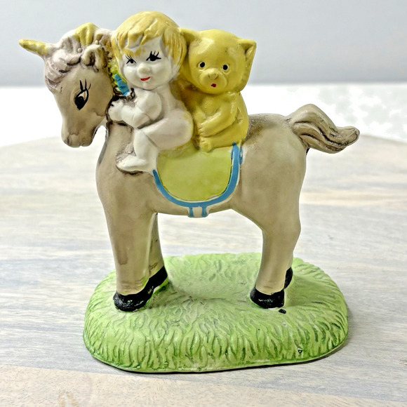 Vintage GOT Hand Painted Brown Unicorn Nursery Figurine Baby and Bear on Back - Picture 1 of 6